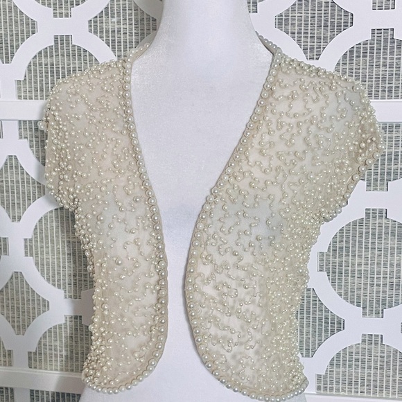 SHEER PEARL SHRUG BOLERO RETRO VINTAGE MARINA SMALL ILLUSION MESH LACE CREAM - Picture 2 of 16